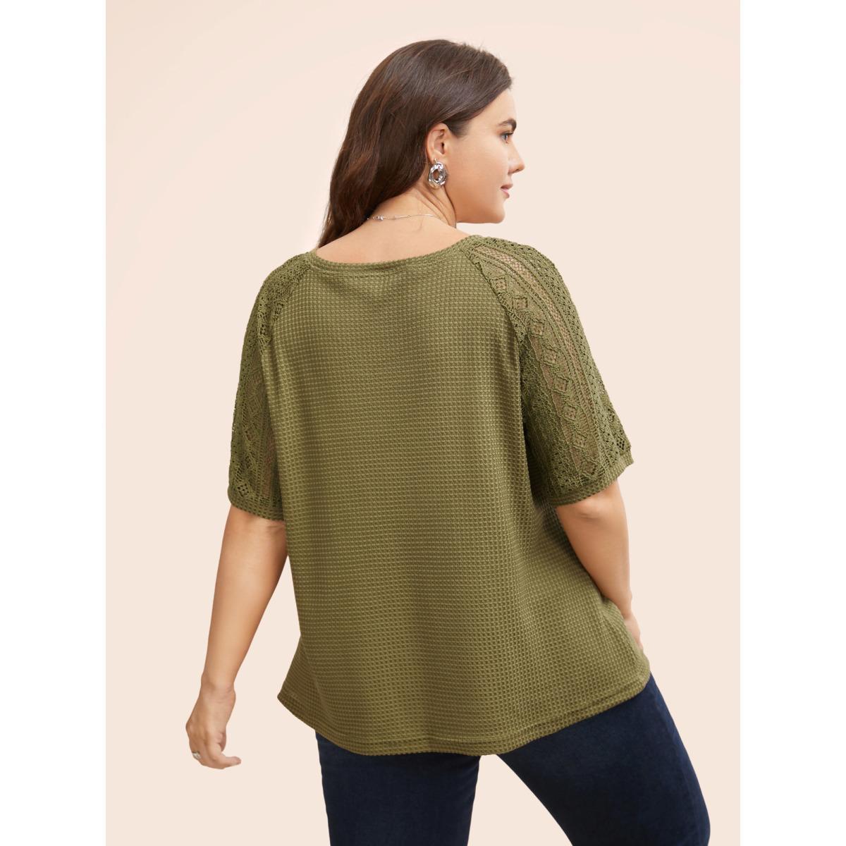 Plus Size V Neck Waffle Knit Crochet Lace T-shirt Olive Women Casual Texture V-neck Everyday T-shirts BloomChic 18-20/2X Product Image