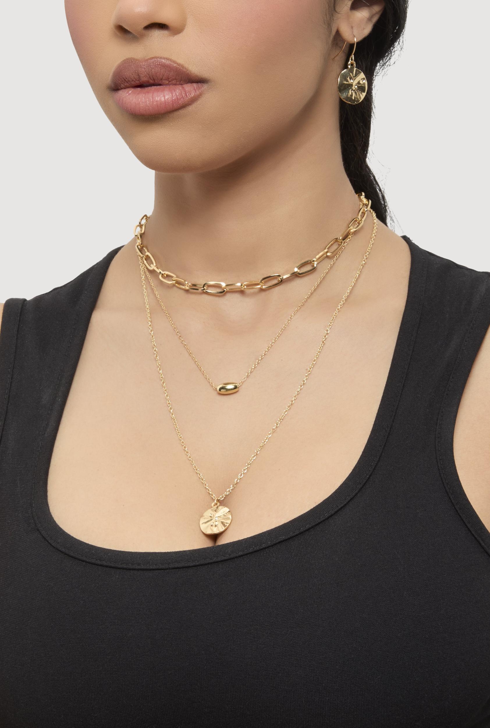 Heart Charm Layered Necklace and Hoop Earring Trio Set Female Product Image