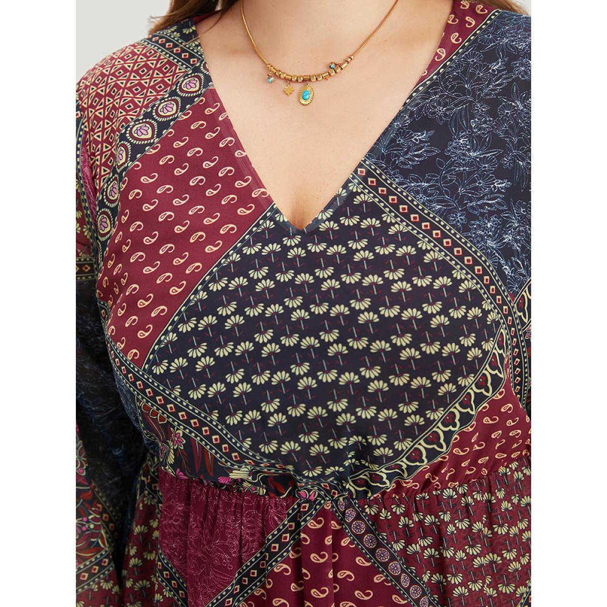 Plus Size Bandana Print Shirred Flutter Hem Dress Multicolor Women Vacation Elastic cuffs V-neck Long Sleeve Curvy Midi Dress BloomChic 26/4X Product Image