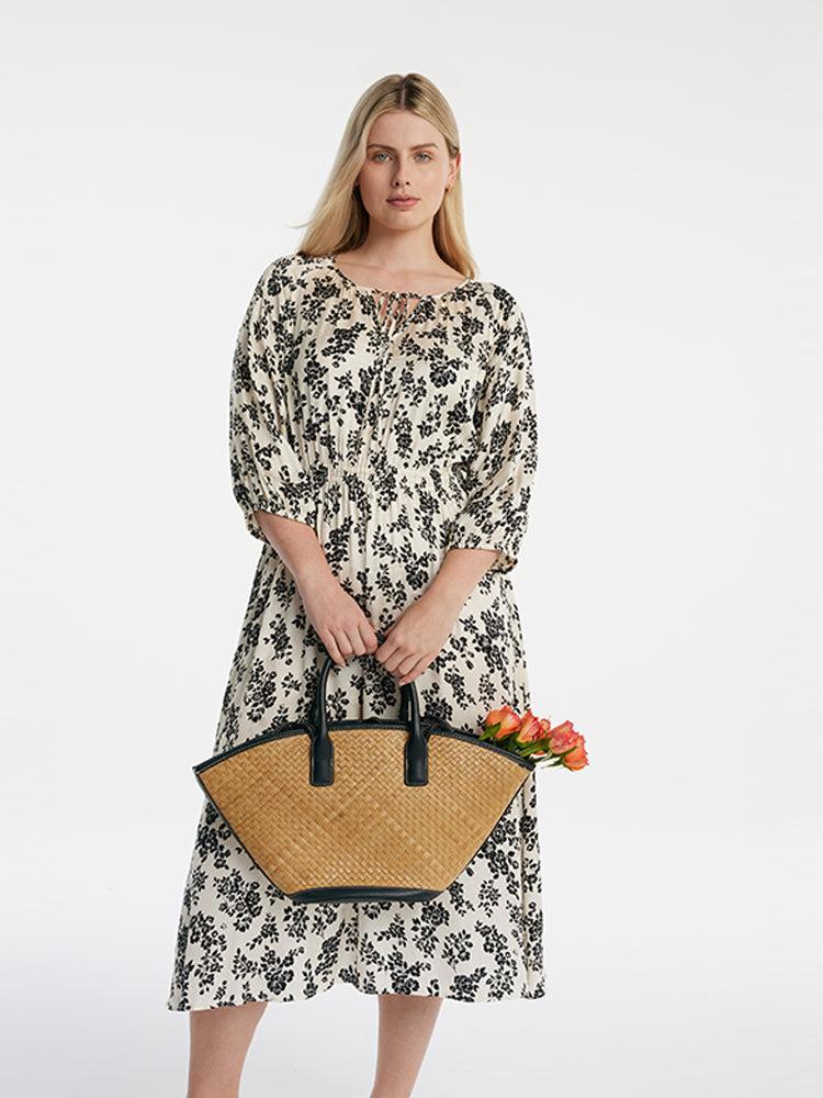 Camellia Print Gathered Waist Women Midi Dress Product Image