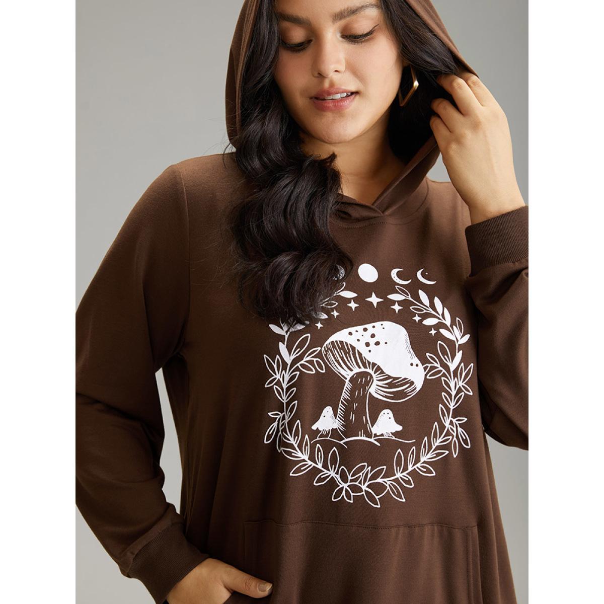 Plus Size Plants Print Hooded Kangaroo Pocket Sweatshirt Women DarkBrown Casual Printed Dailywear Sweatshirts BloomChic 26/4X Product Image