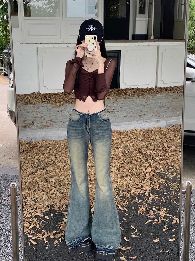 Low Rise Frayed Bell Bottom Jeans Product Image