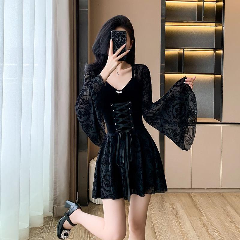 Long-Sleeve Lace-Up Velvet Mini A-Line Dress Product Image