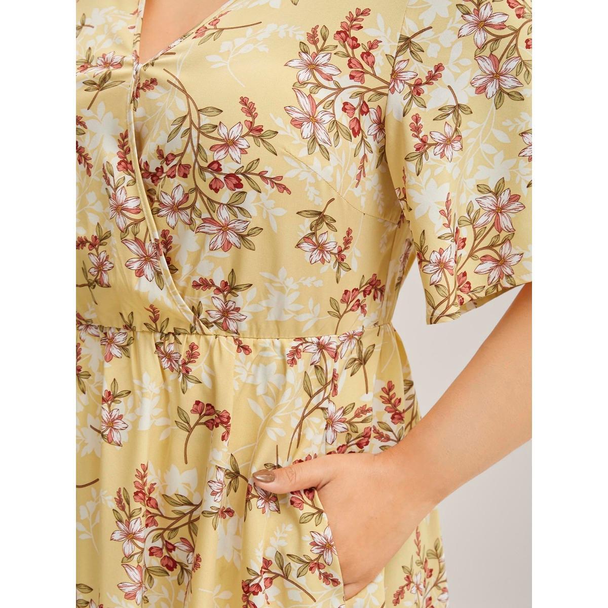 Plus Size Large Flower Print Pockets Surplice Midi Dress Lightyellow Women Overlap Collar Half Sleeve Curvy BloomChic 18-20/2X Product Image