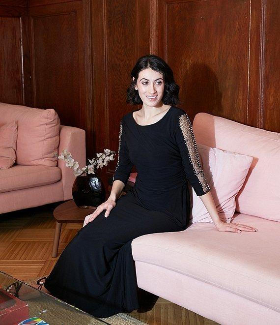 Ignite Evenings Embellished 3/4 Sleeve Ruched Bodice Boat Neck Column Gown Product Image