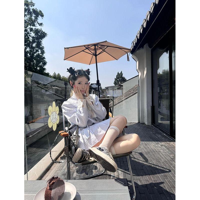 Long-Sleeve Striped Mini Shirt Dress Product Image