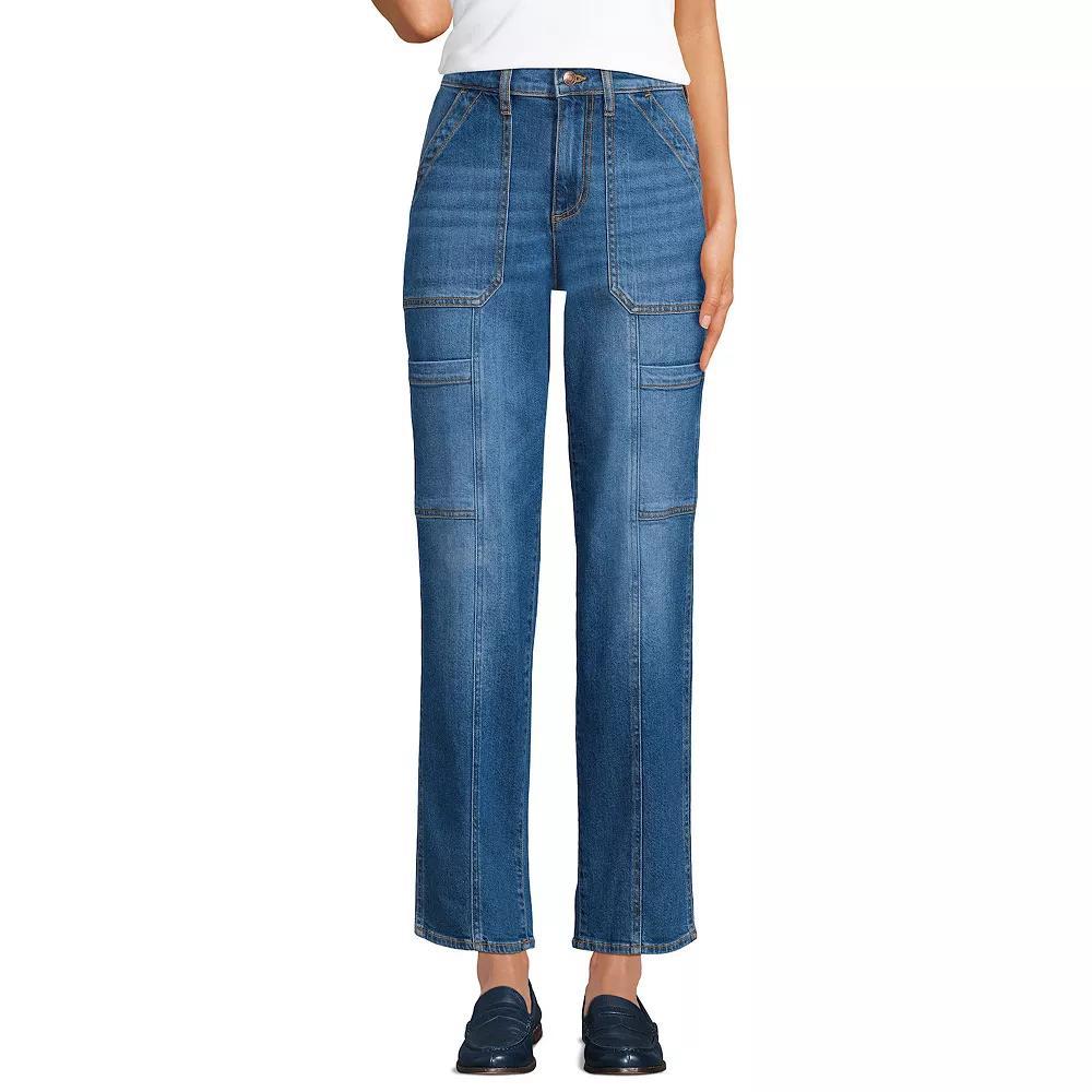 Women's Lands' End High-Rise Utility Cargo Ankle Jeans, Size: 14, River Rinse Product Image