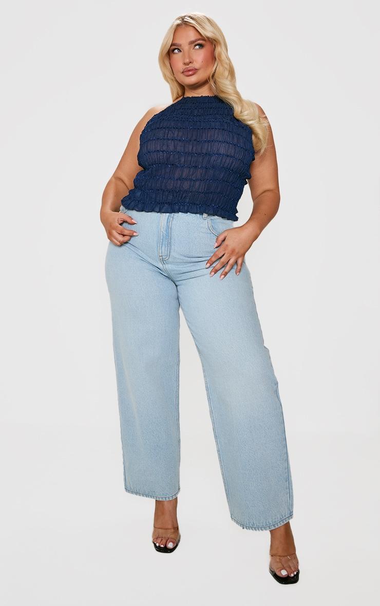 Plus Navy Chiffon Ruched Detail Halterneck Long Line Top Product Image