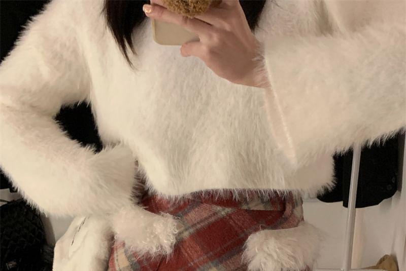 High Rise Plaid Fluffy Trim Mini A-Line Skirt Product Image