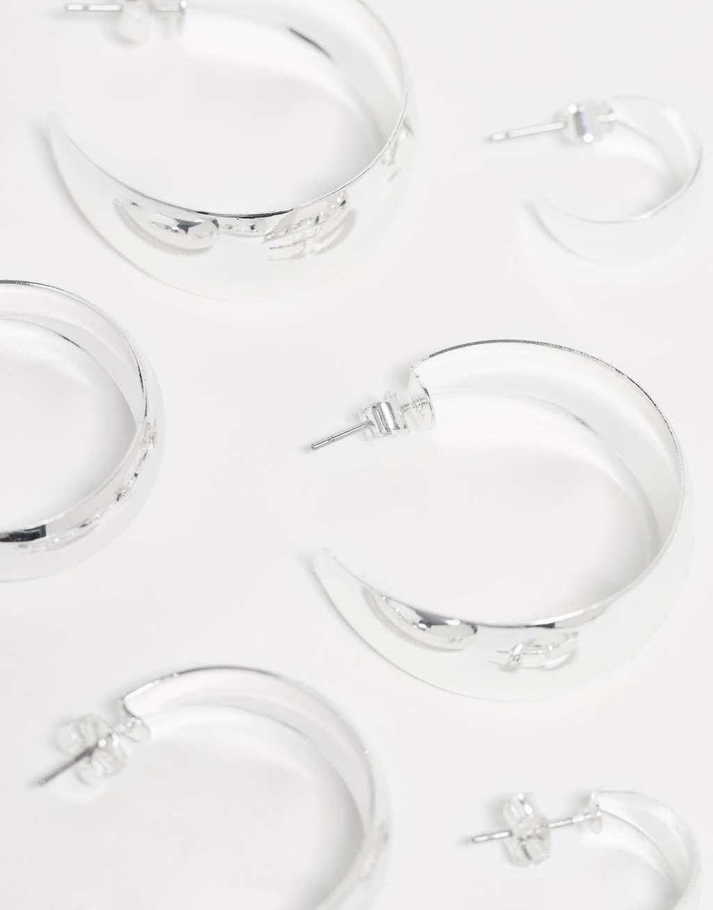 Monki 3 pack chunky wide hoops in silver Product Image