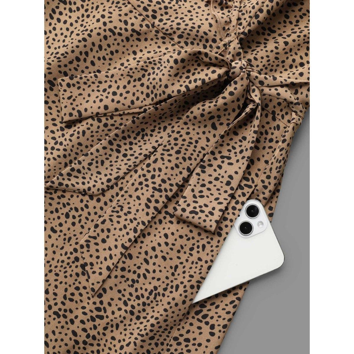 Plus Size Ruffled Neck Stretchy Waist Tiered Midi Dress Tan Women Elegant Tie knot Overlap Collar Long Sleeve Curvy BloomChic 10/M Product Image