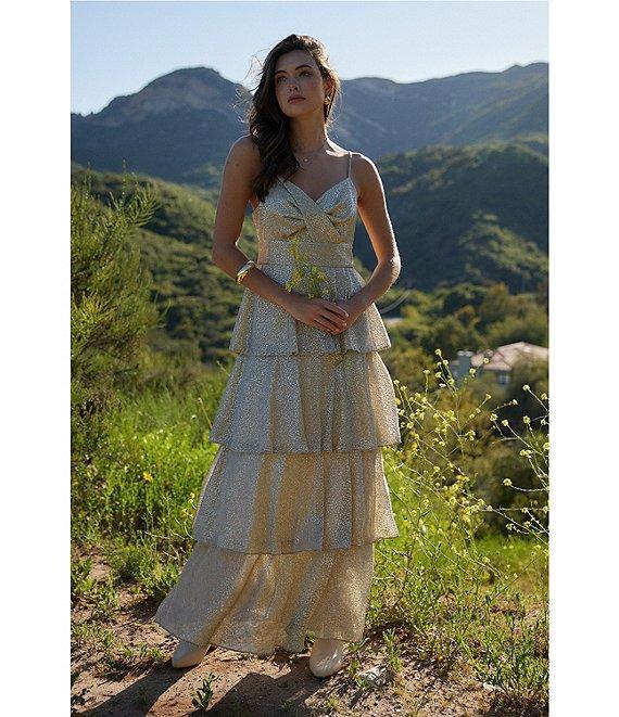 Skies Are Blue Lurex Metallic Shimmer Sweetheart Neck Sleeveless Tiered Maxi Dress Product Image