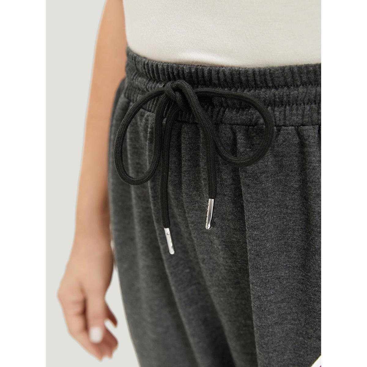 Number Print Drawstring Pocket Elastic Waist Sweatpants DimGray Plus Size Women Casual Dailywear Plain 10/M Bloomchic Product Image