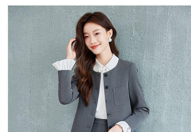 Collarless Plain Single-Breasted Blazer / Long-Sleeve Bow Shirt / High Waist Pleated Midi A-Line Skirt Product Image