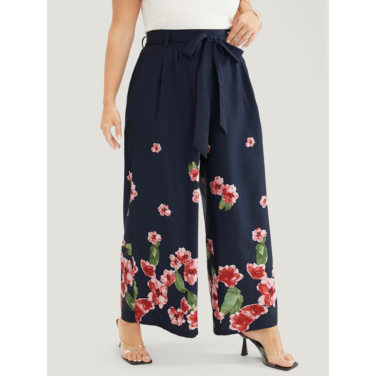 Plus Size Floral Wide Leg Pocket Pleated Detail Belt Pants Women Midnight Elegant Mid Rise Dailywear Pants BloomChic 18-20/2X Product Image