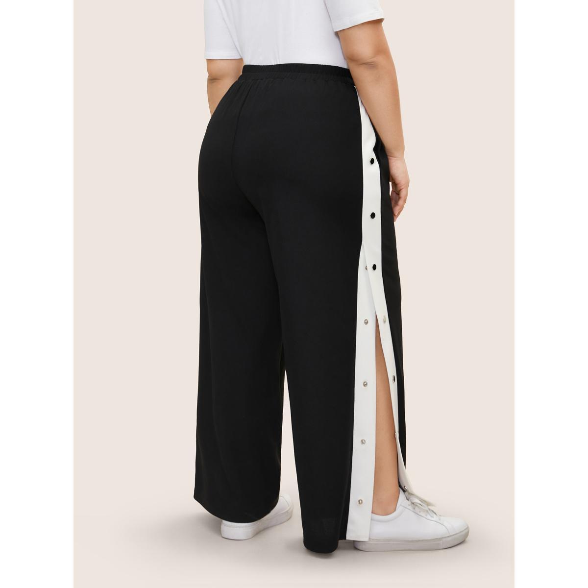 Plus Size Contrast Snap Button Side Wide Leg Pants Women Black Casual Wide Leg High Rise Everyday Pants BloomChic 18-20/2X Product Image