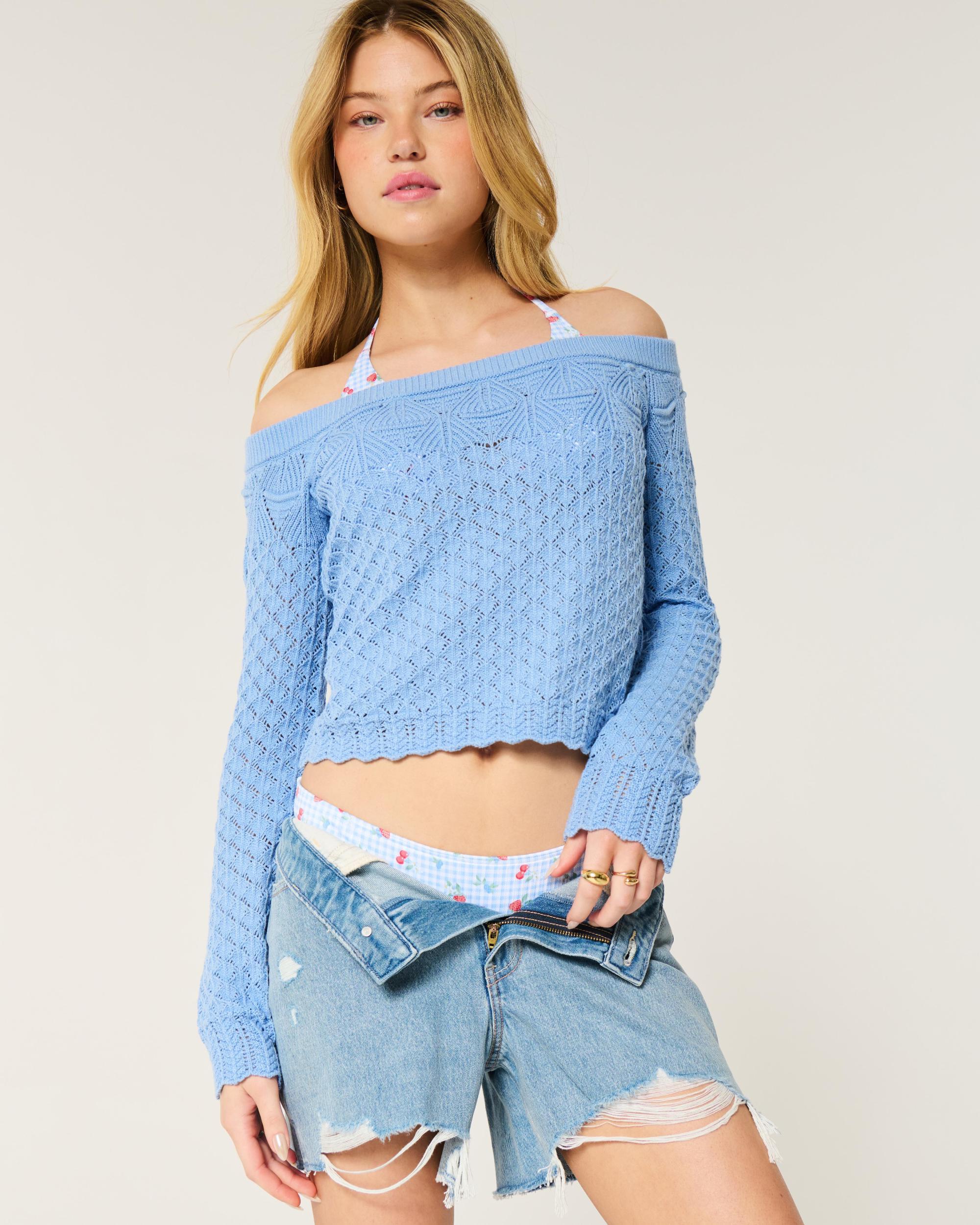 Stitchy Crochet-Style Off-the-Shoulder Sweater Product Image