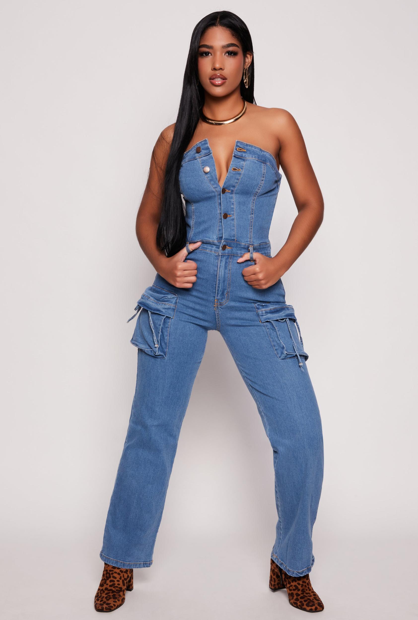 Womens Daisy Denim Cargo Strapless Jumpsuit Product Image