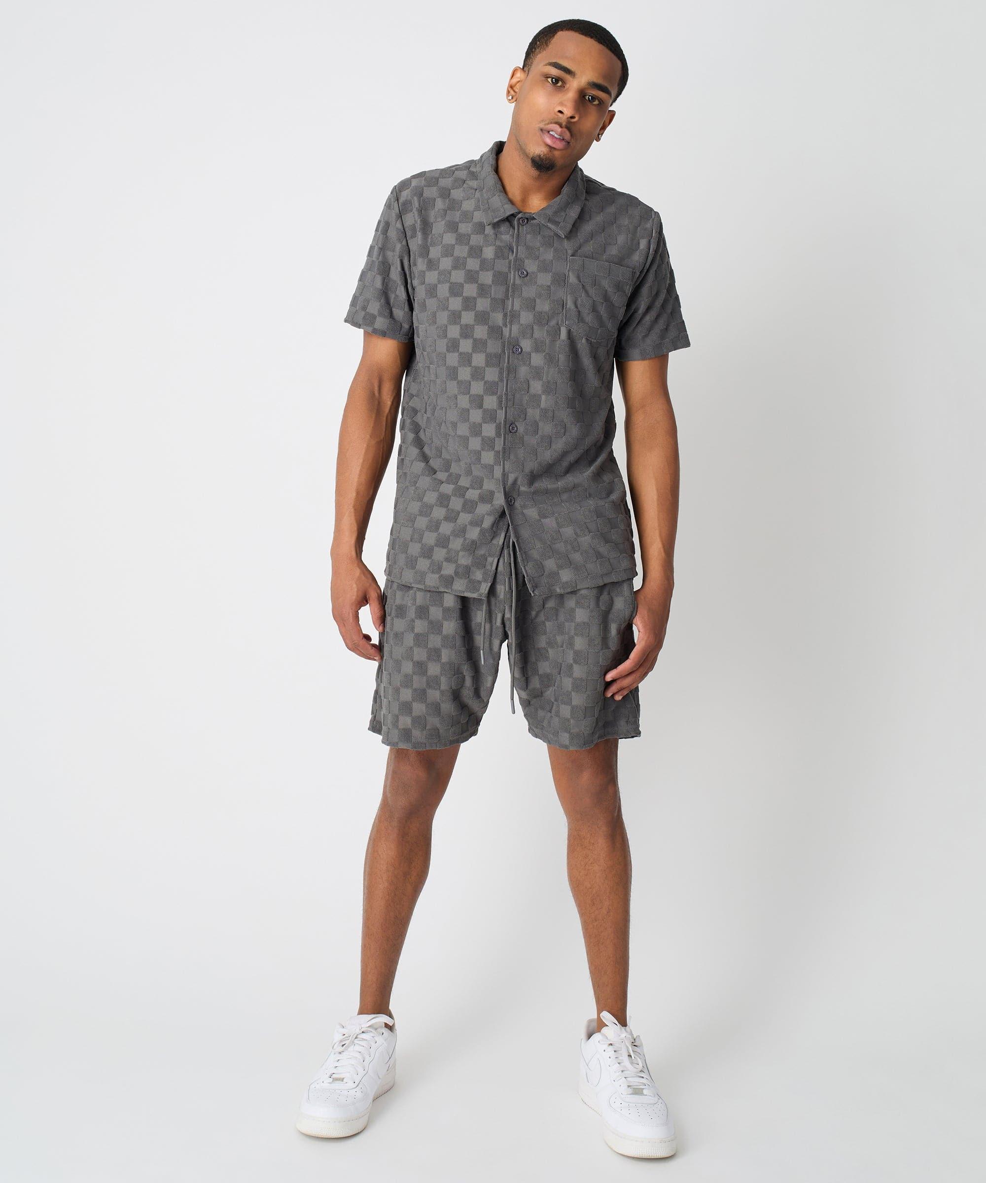 Checkerboard Towel Color Blocked Short Sleeve Button Down Shirt - Grey Product Image