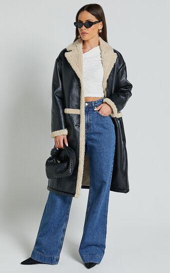 Jan Coat - Longline Faux Shearling Aviator Coat in Black Product Image