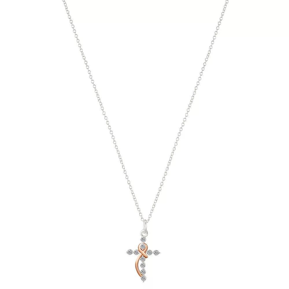 Brilliance Brass and 14K Gold Plated Cross Pendant Necklace, Women's, Size: 18", Silver Rose Clear Product Image