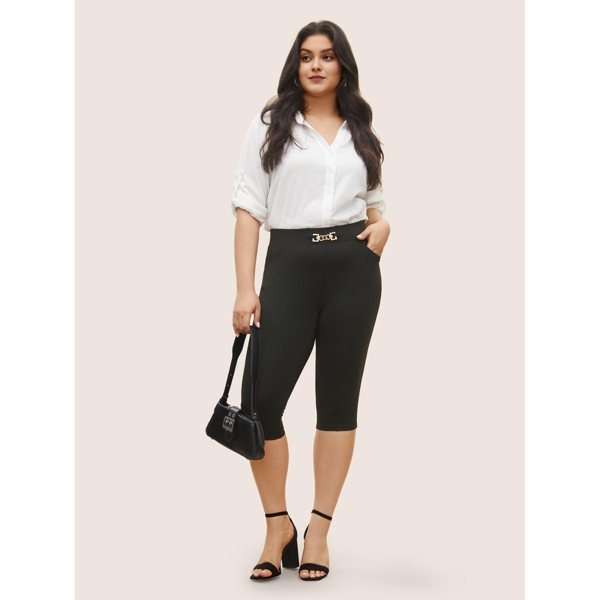 Plus Size Solid Metal Chain Detail Pocket High Rise Leggings Women Black At the Office High stretch Skinny High Rise Work Leggings BloomChic 30/6X Product Image