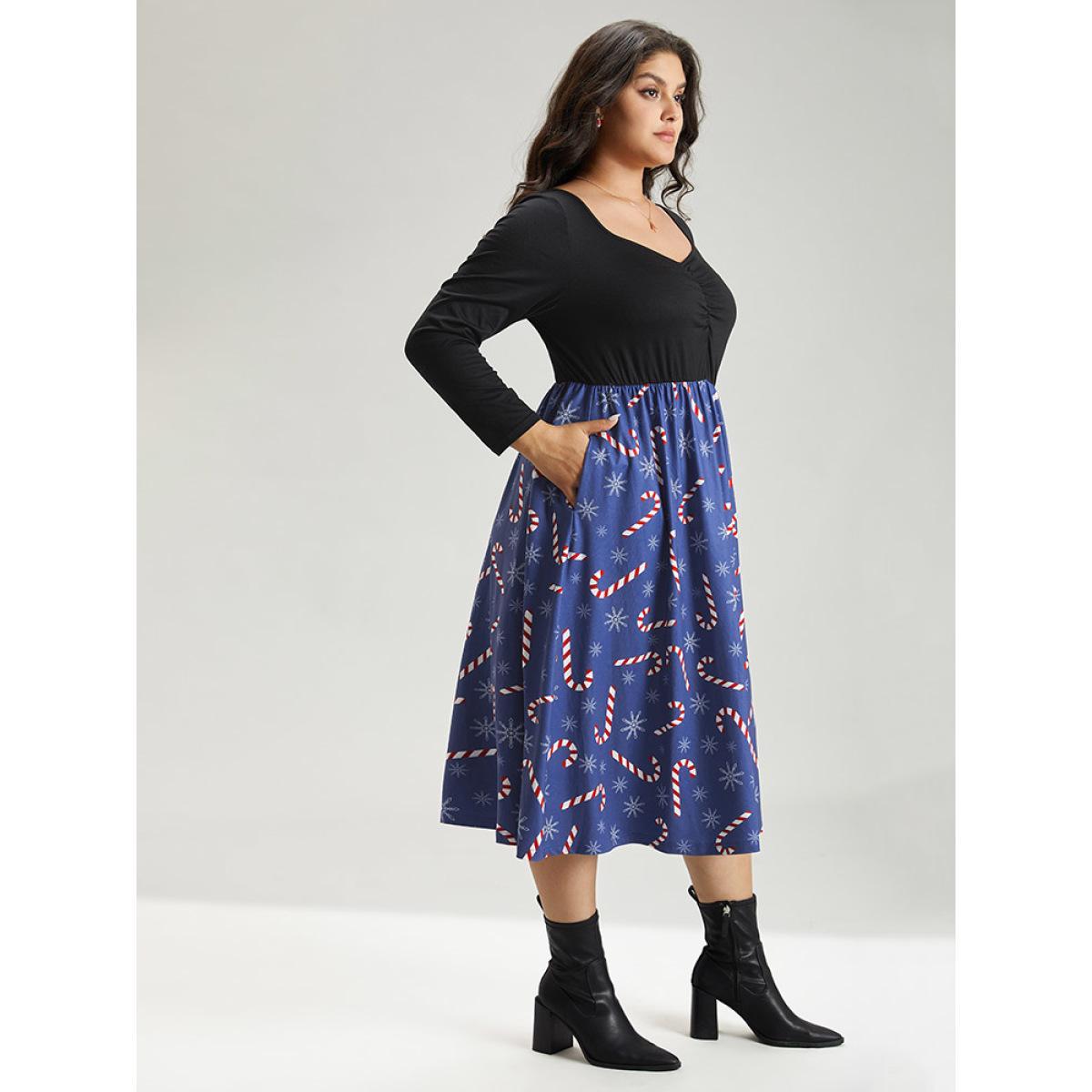 Plus Size Snowflake & Christmas Candy Print Pocket Ruched Dress DarkBlue Women Elegant Gathered Square Neck Long Sleeve Curvy Midi Dress BloomChic 14-16/1X Product Image