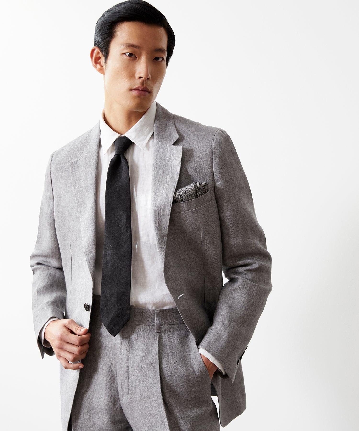 Italian Linen Madison Jacket in Light Grey Herringbone Product Image