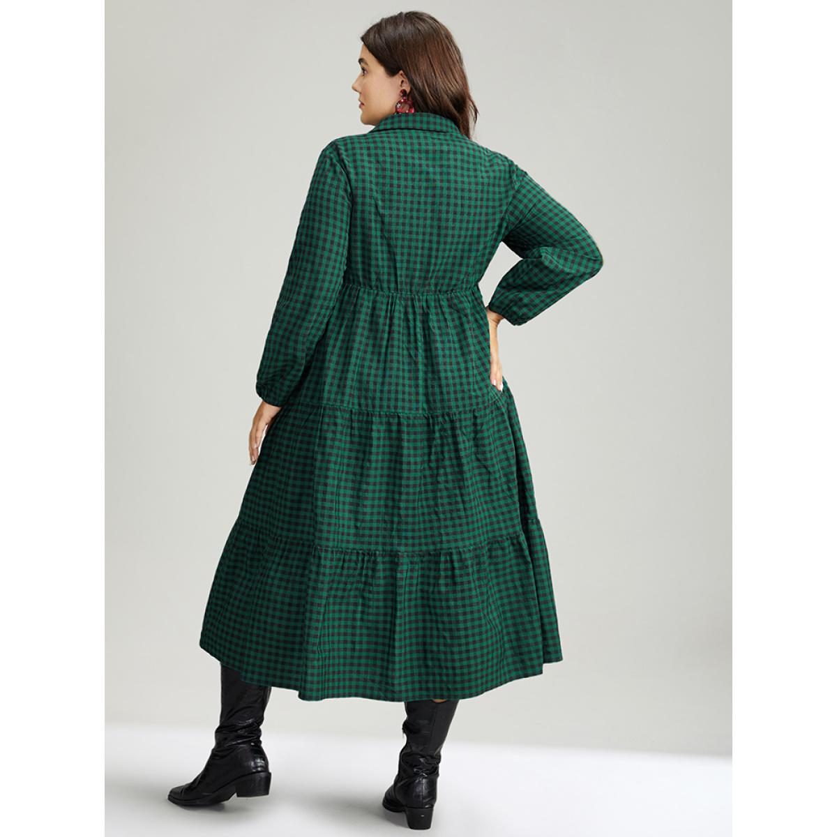 Plus Size Gingham Pocket Button Up Elastic Waist Dress DarkGreen Women Casual Elastic cuffs Shirt collar Long Sleeve Curvy Midi Dress BloomChic 28/5X Product Image