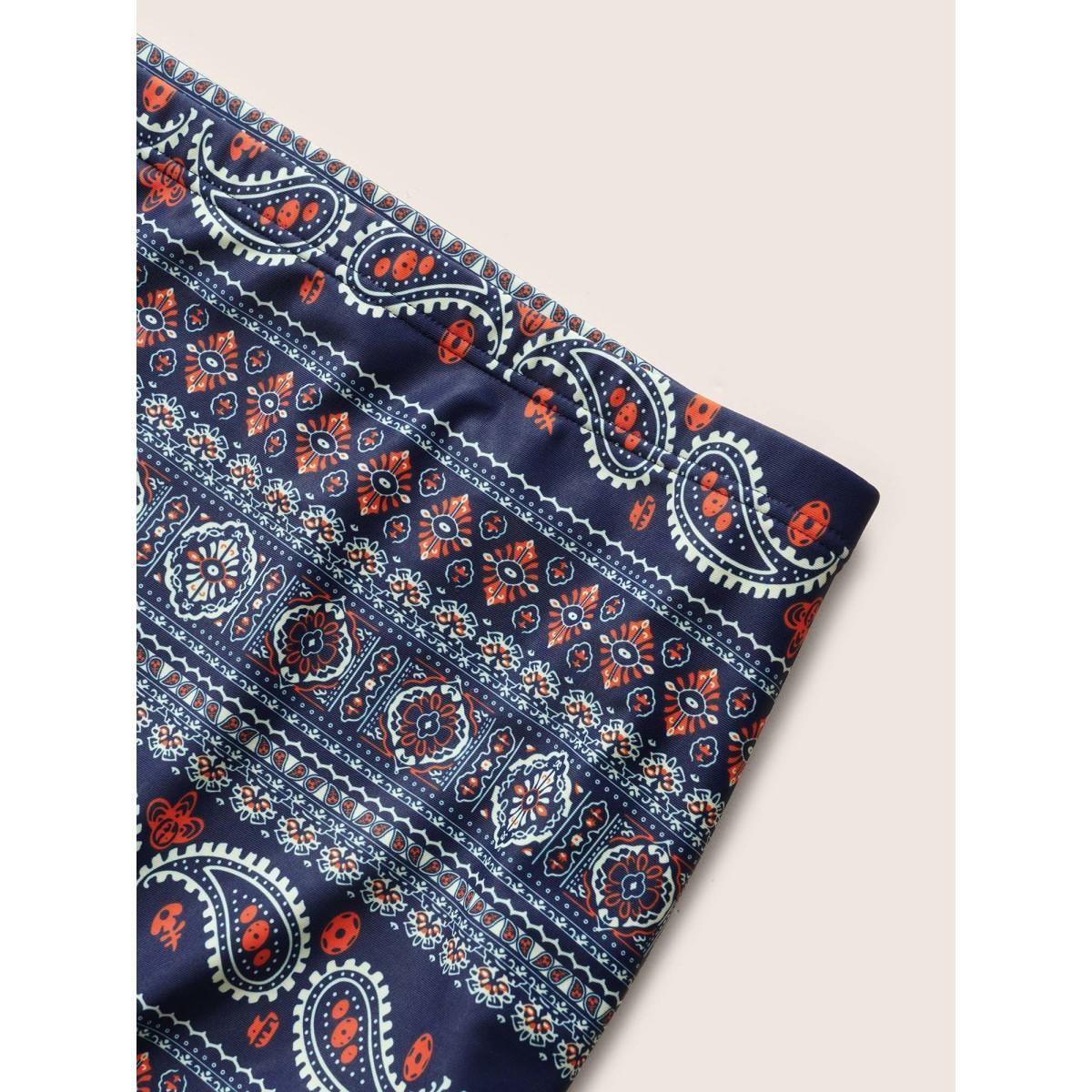 Plus Size Bandana Print Ties Knotted Patchwork Swim Dress Women's Swimwear Indigo Beach Bodycon Deep V-neck High stretch Curve Swim Dresses BloomChic 26/4X Product Image