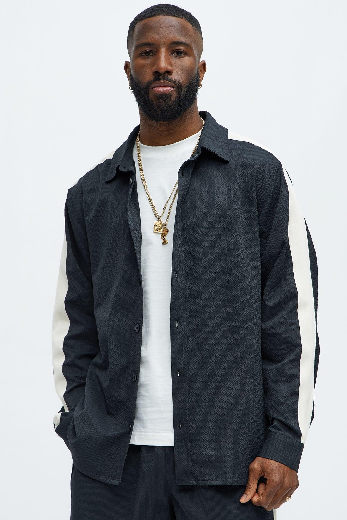 Crinkle Texture Taped Button Up - Black Product Image