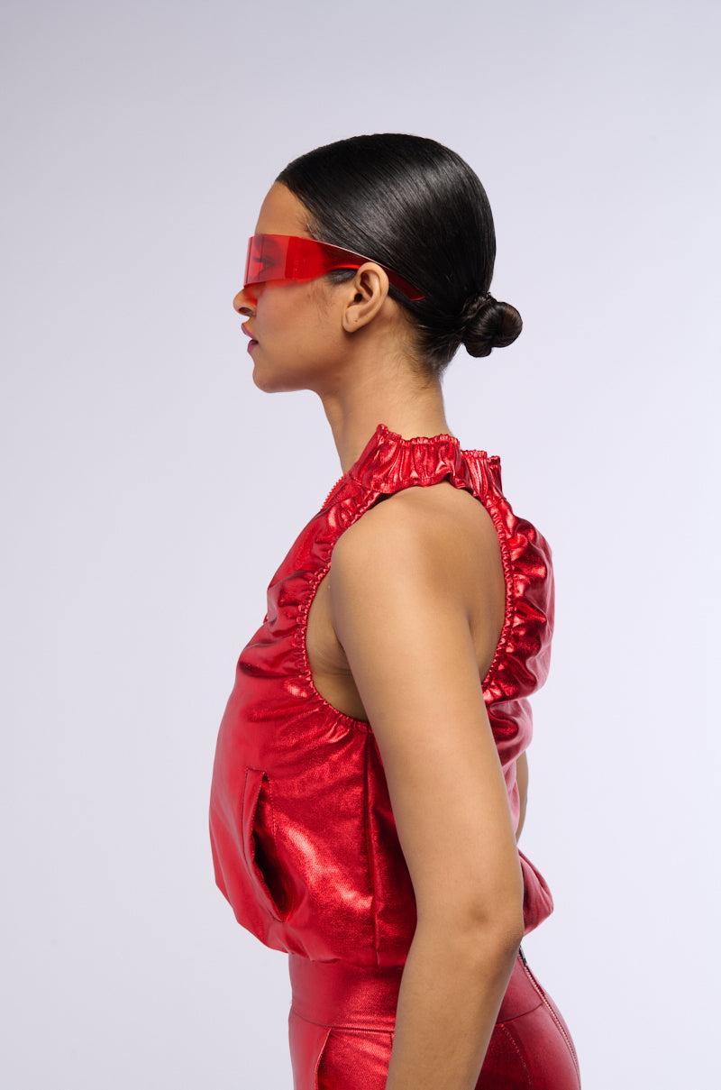 SPACE CADET SLEEVELESS METALLIC ZIP UP TOP IN RED Product Image