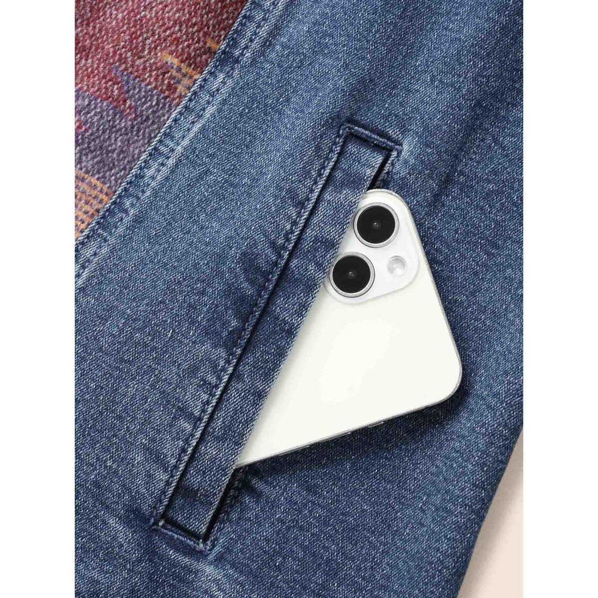 Women Stretch Denim Geometric Spilcing Pocket Jacket Midblue Plus Size Contrast Everyday Slanted pocket Elegant Denim Jackets BloomChic 26/4X Product Image