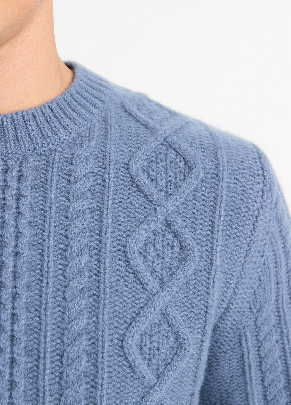 Mens Aran Cable Wool Crew Neck Sweater, Light Belluga Blue, Size S Vince Product Image