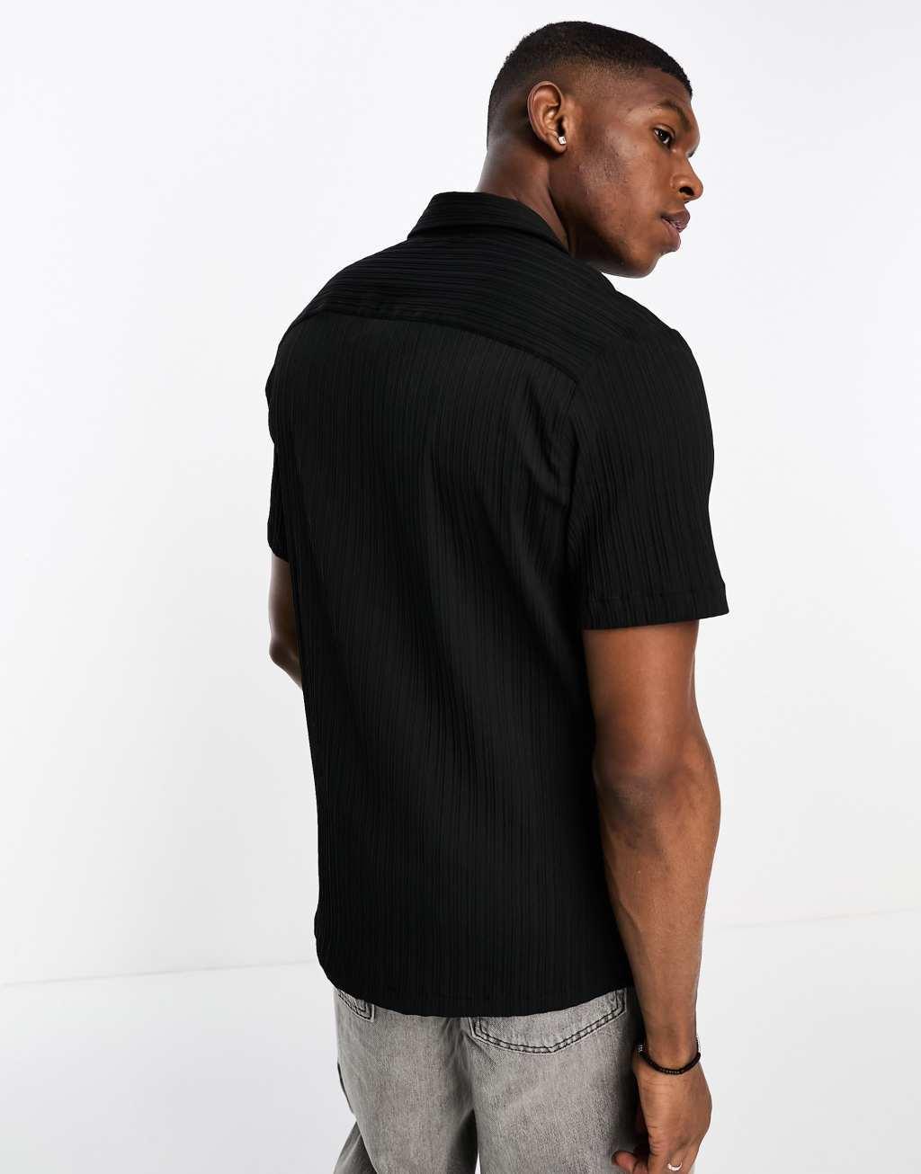 ASOS DESIGN relaxed shirt in smart ribbed quality in black Product Image