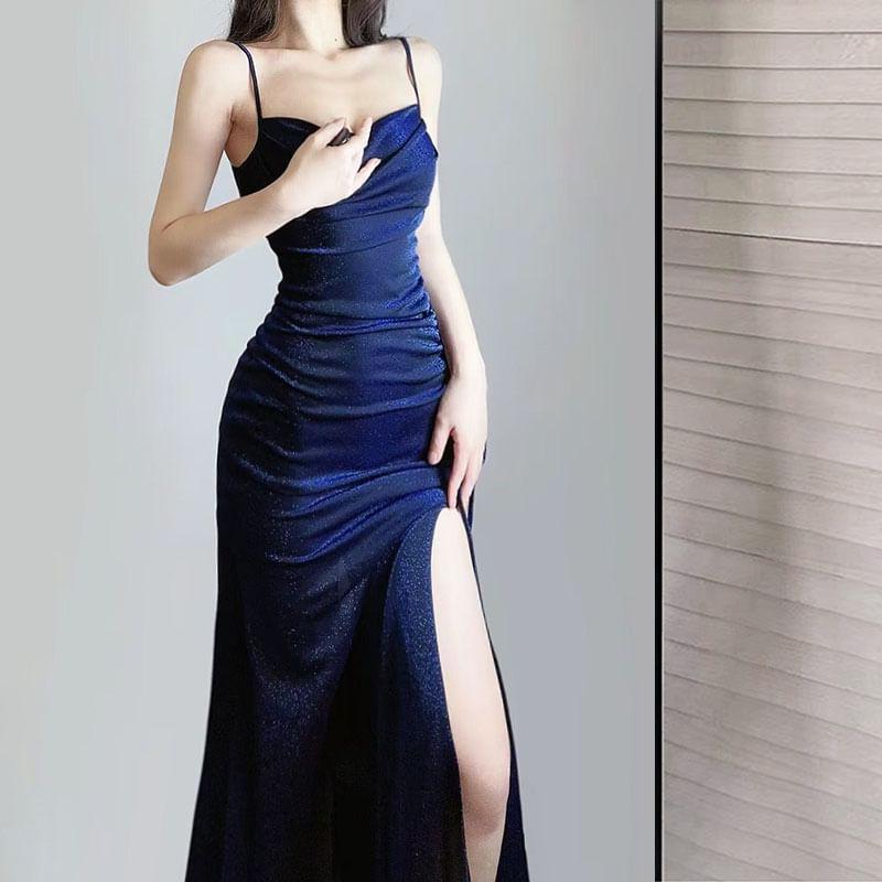 Spaghetti Strap Plain Glitter Drawstring Slit Midi A-Line Dress Product Image