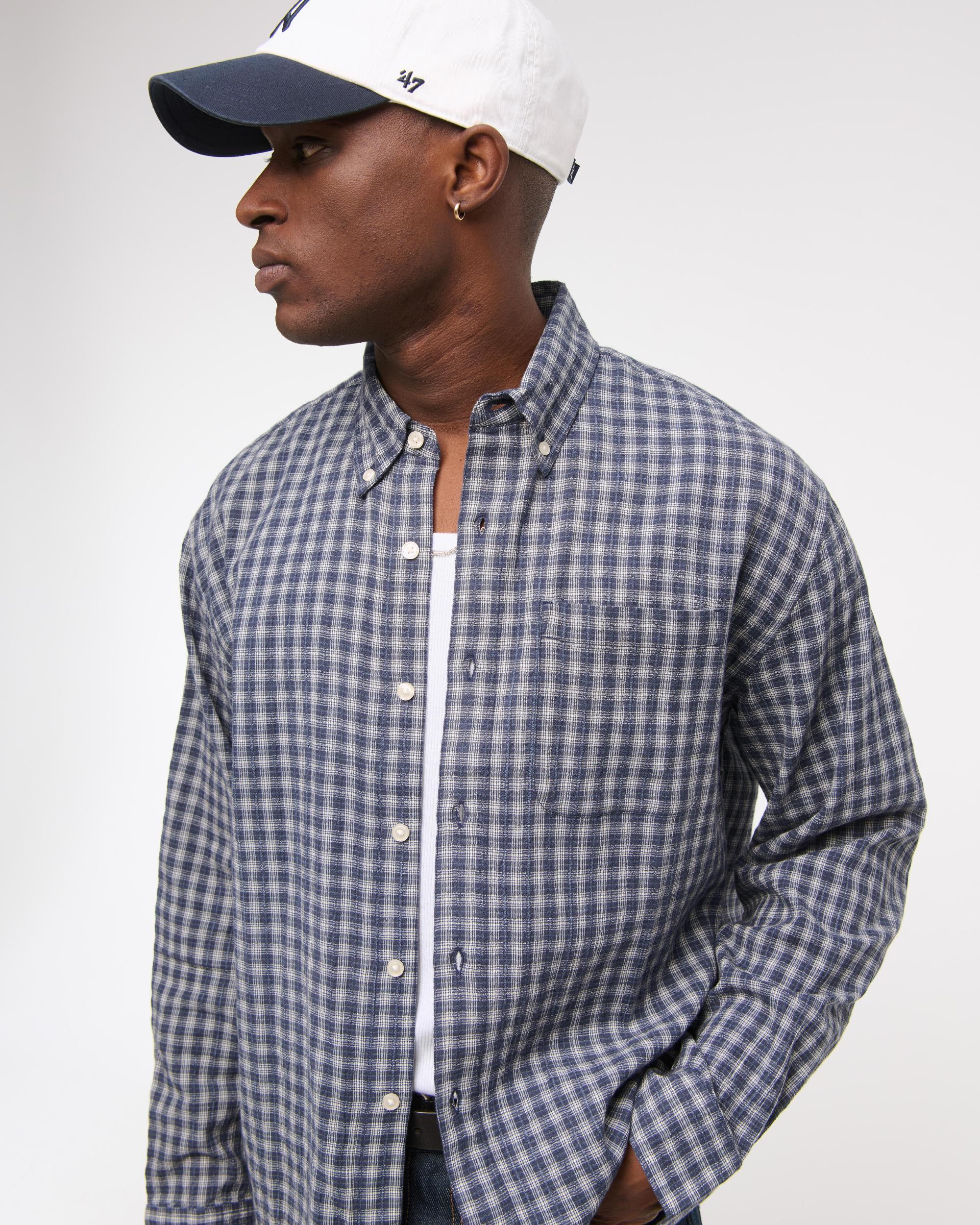 Long-Sleeve Textural Plaid Button-Up Shirt Product Image