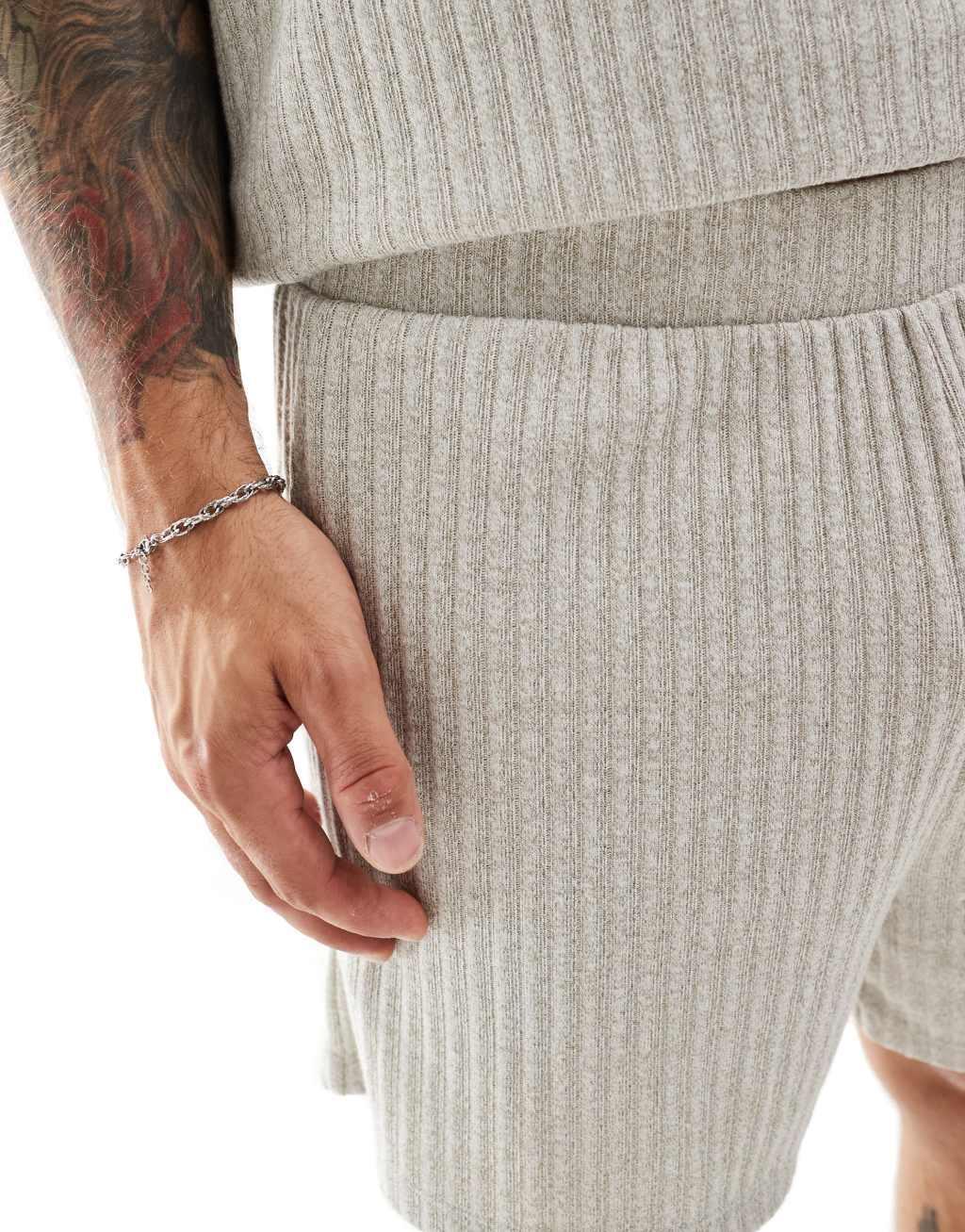 ASOS DESIGN rib lounge set with t-shirt and shorts in khaki  Product Image