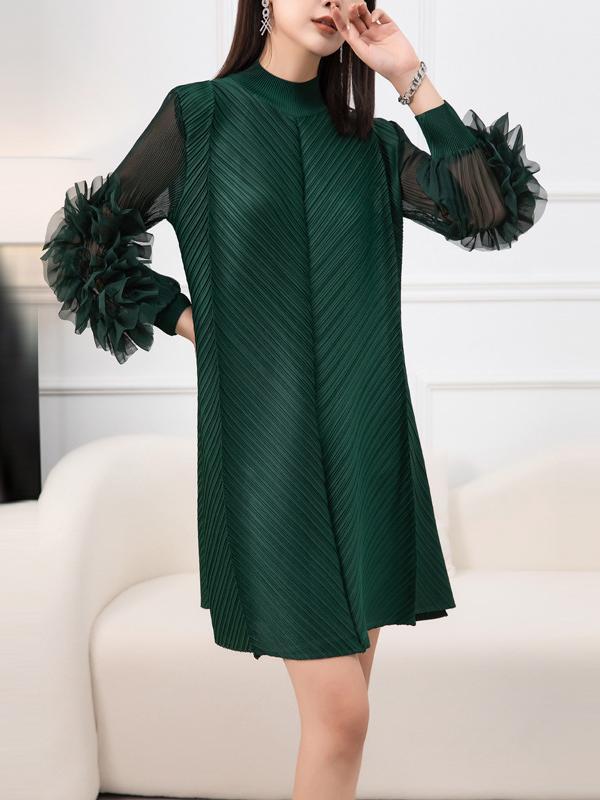 Long Sleeves Loose Embroidered Pleated Solid Color Round-Neck Midi Dresses Product Image