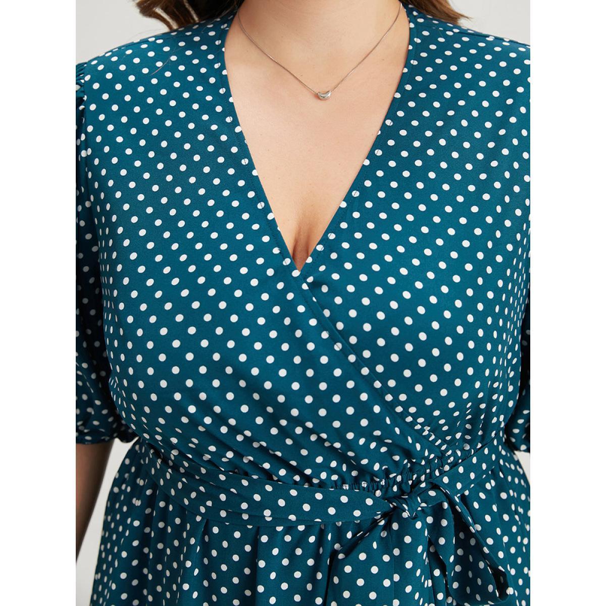 Plus Size Polka Dot Belted Lantern Sleeve Surplice Neck Dress Aegean Women Office Elastic cuffs V-neck Short sleeve Curvy Midi Dress BloomChic 28/5X Product Image