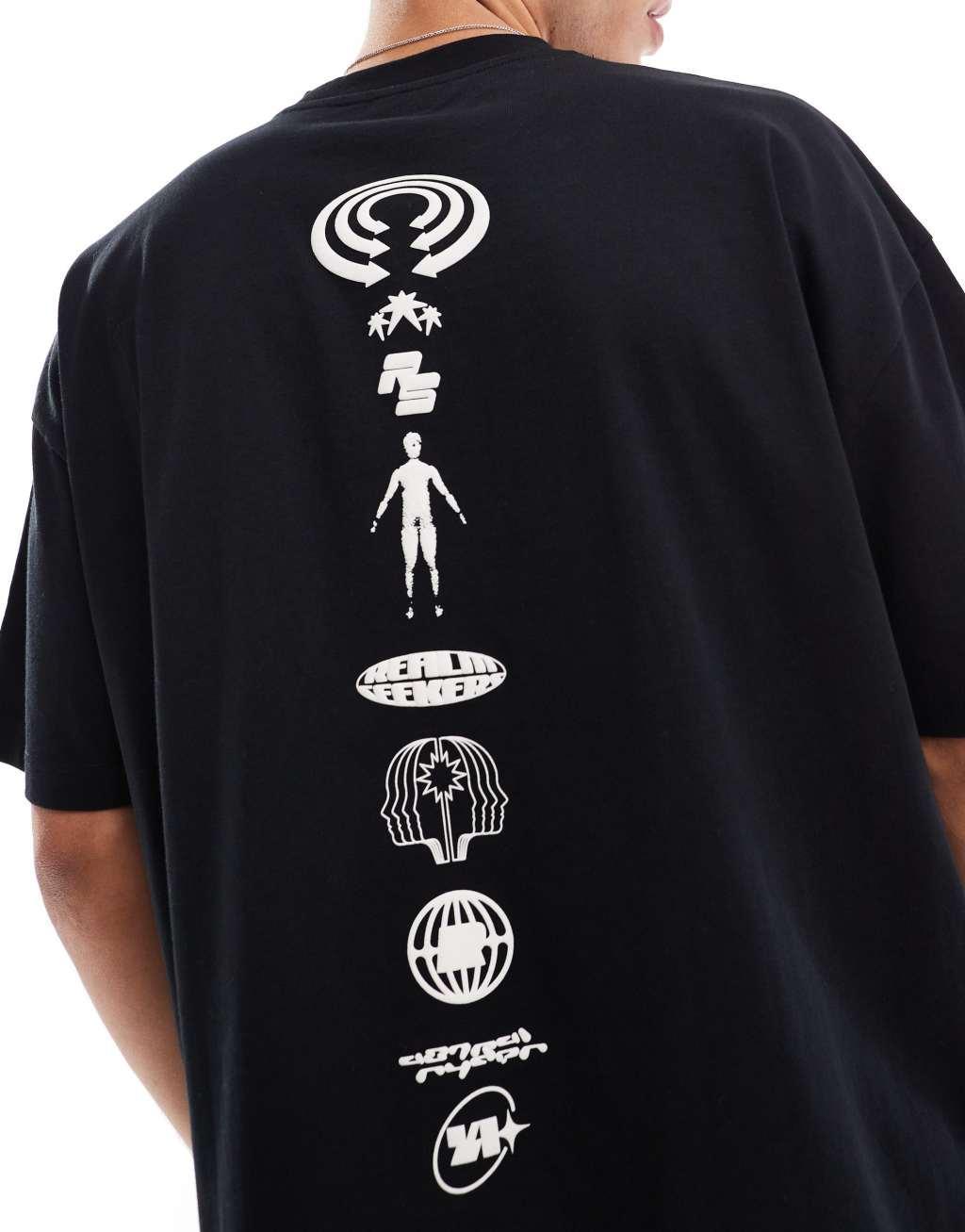 ASOS DESIGN boxy oversized t-shirt with celestial chest and spine print in black Product Image