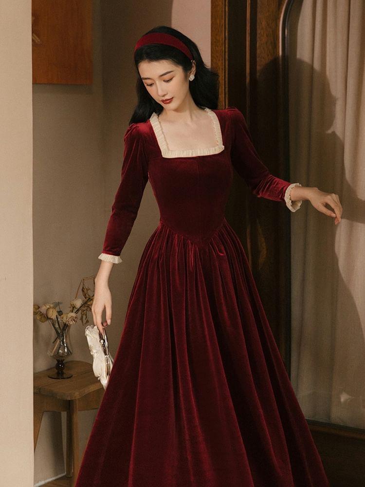 3/4-Sleeve Square Neck Frill Trim Velvet Midi A-Line Dress Product Image
