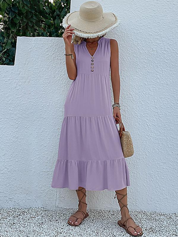 Loose Sleeveless Pleated Split-Joint V-Neck Midi Dresses Product Image
