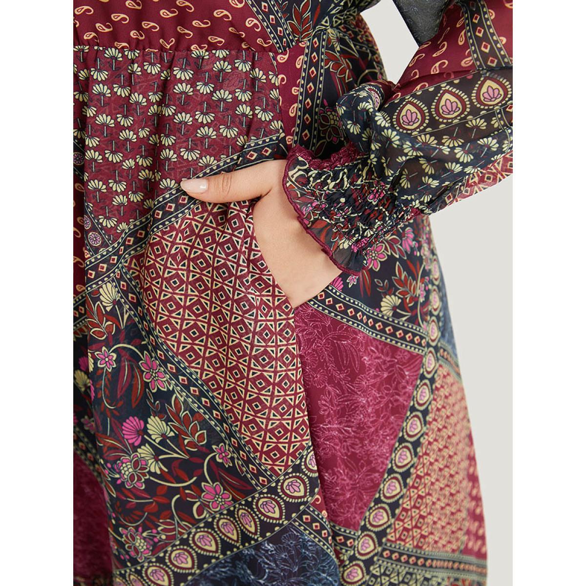 Plus Size Bandana Print Shirred Flutter Hem Dress Multicolor Women Vacation Elastic cuffs V-neck Long Sleeve Curvy Midi Dress BloomChic 26/4X Product Image