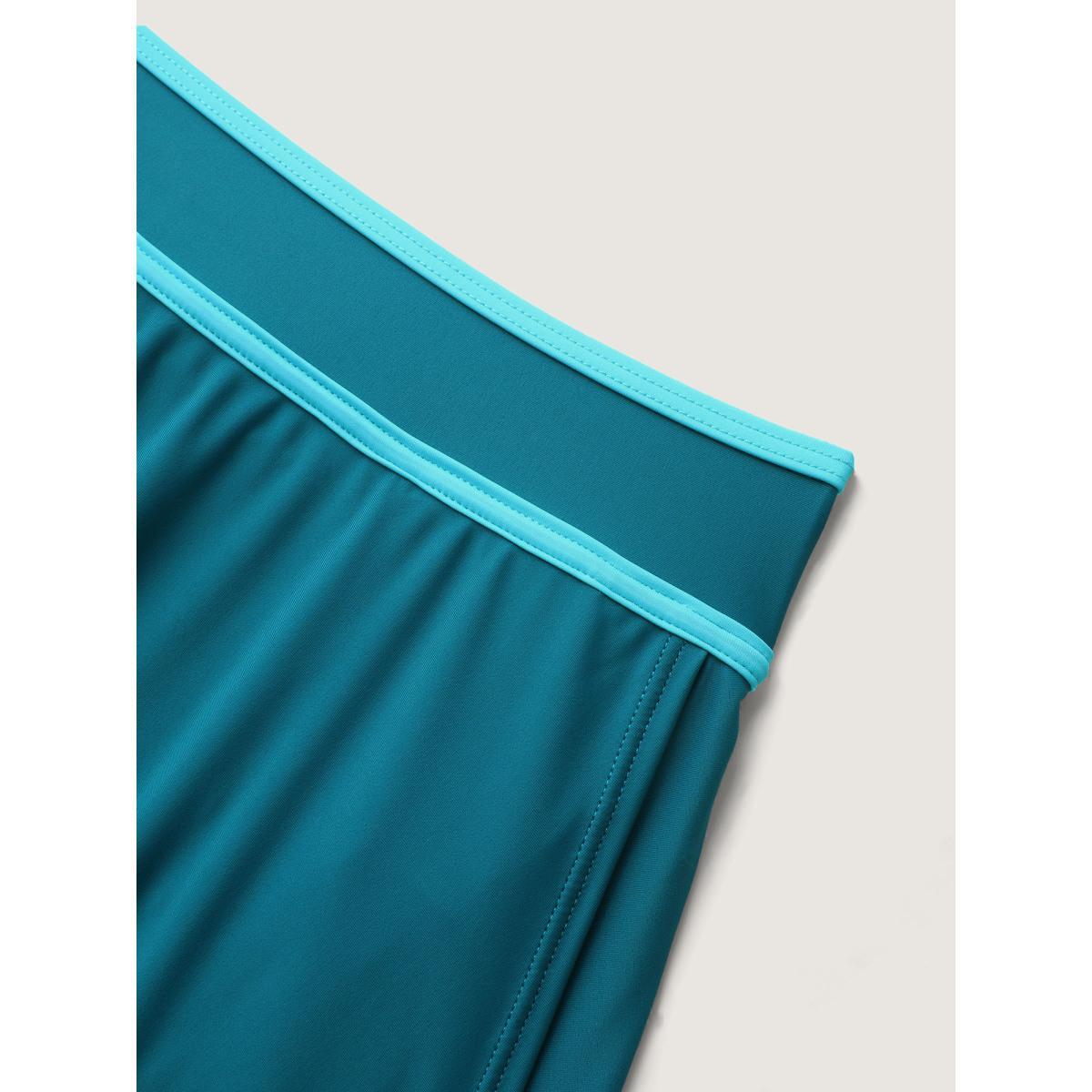 Plus Size Color Contrast Slit Swim Bottoms Women's Swimwear Teal Beach Contrast High stretch Bodycon High Rise Patch pocket Curve Swim Bottoms BloomChic 28/5X Product Image