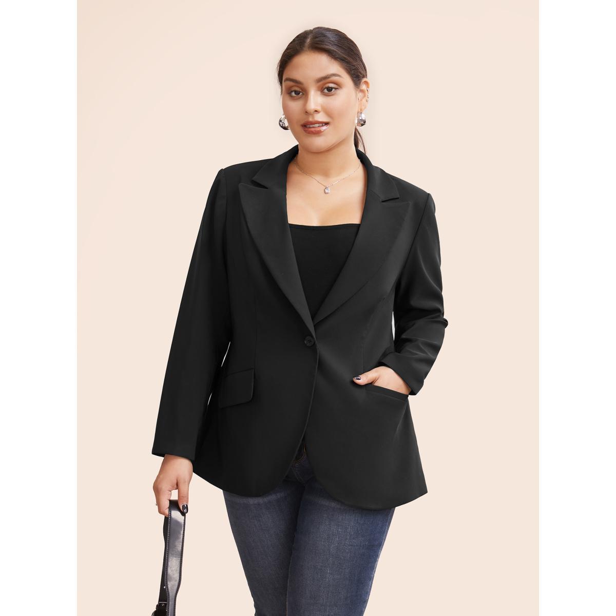 Plus Size Stretch Woven Pocket Slim-Fit Blazer Black Women Work Button Sleeve Extra Long Sleeve Suit Collar 30/6X Open pocket with flap At the Office Blazers BloomChic Product Image