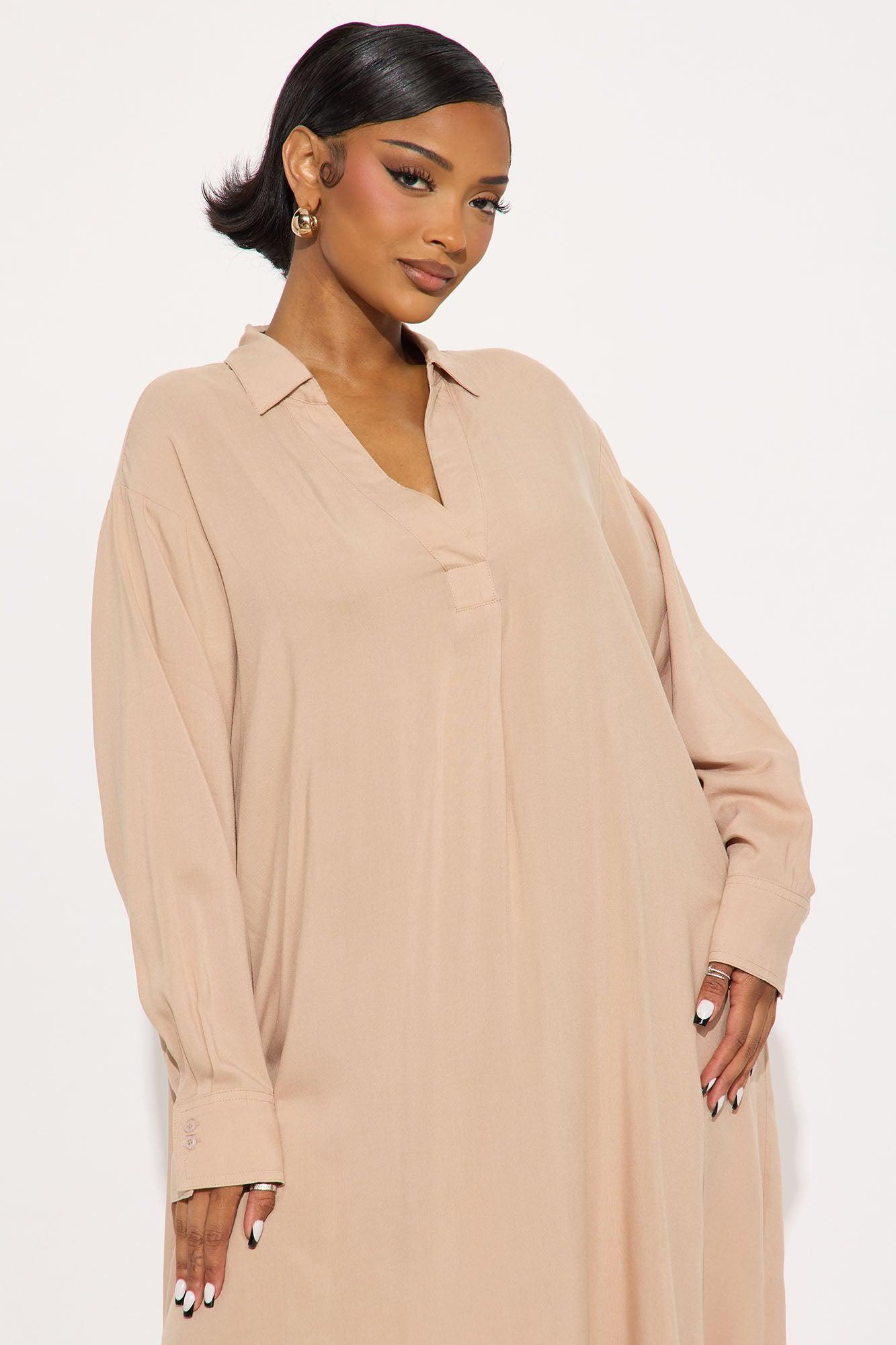 Beach Stroll Long Sleeve Shirt Midi Dress - Mocha Product Image