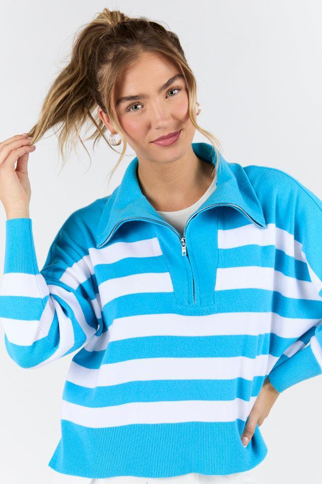 Pulling Heartstrings Hip Length Aqua Stripe Quarter Zip Pullover FINAL SALE Product Image