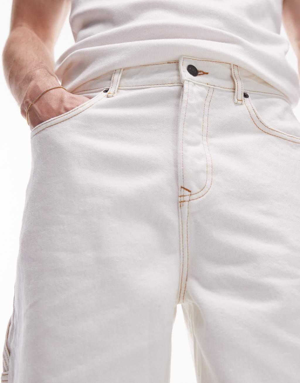 Topman longline carpenter denim short in ecru Product Image