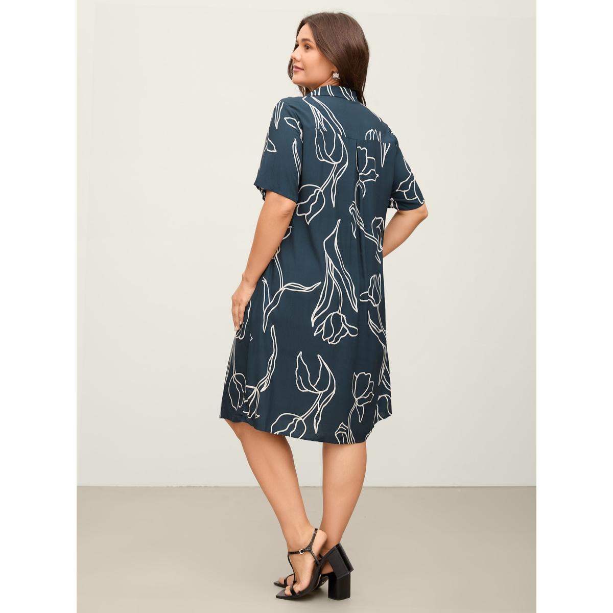 Plus Size Floral Print Cinched Flared Knee-Length Dress DarkBlue Women Shirt collar Short sleeve Curvy BloomChic 10/M Product Image